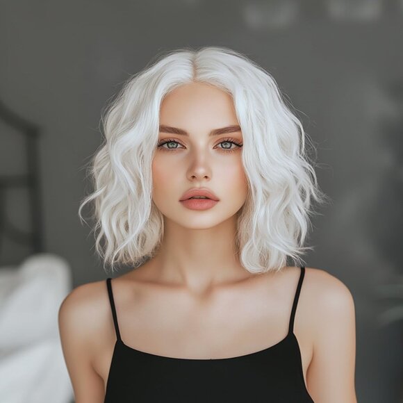 Short Wavy White Wigs for Women 14 Inch Middle Part Shoulder Length Bob Wavy